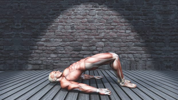 3D render of a male figure in double leg bridge pose in grunge interior
