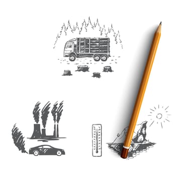 Global warming - factory pollution, iceberg melting, cutting down trees vector concept set. Hand drawn sketch isolated illustration
