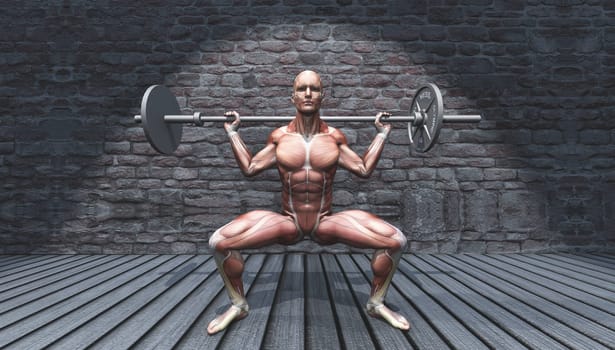3D render of a male figure in barbell squat pose in grunge interior