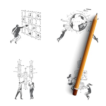 Future technologies - people pushing buttons, looking at screens and exploring technologies of future vector concept set. Hand drawn sketch isolated illustration