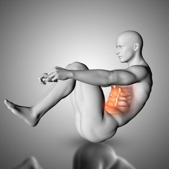 3D render of a male figure doing crunch exercise with stomach muscles highlighted