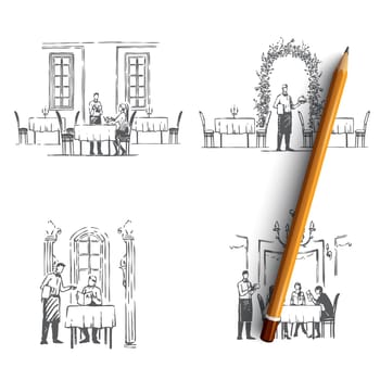 Restaurant waiters - waiters in restaurants getting orders and bringing food vector concept set. Hand drawn sketch isolated illustration