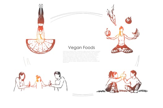 People eating organic food, fruits and vegetables, healthy lifestyle, woman sitting in lotus pose banner. Vegetarian diet, nutrition plan concept sketch. Hand drawn vector illustration