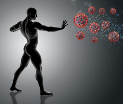 3D render of a male figure holding hand out and stopping Covid 19 virus cells