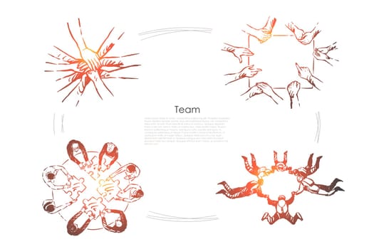 Teamwork, partnership, coworkers brainstorming team, idea generation, colleagues working together, friends communication banner. Team building exercise concept sketch. Hand drawn vector illustration