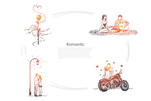 Husband and wife on picnic, man playing guitar, girlfriend and boyfriend on date, dating banner. Romantic relationship, valentine day celebration concept sketch. Hand drawn vector illustration