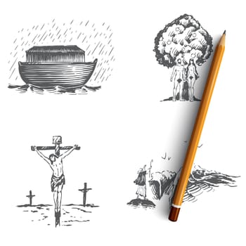 Bible narratives - Noahs ark, Adam and Eve, Jesus Christ vector concept set. Hand drawn sketch isolated illustration