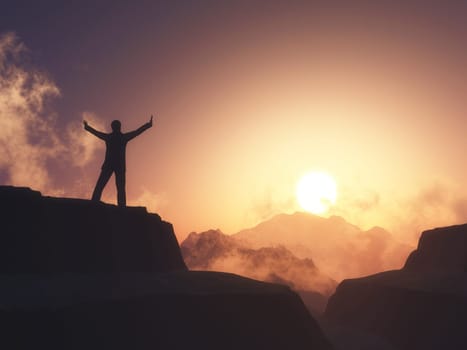 3D render of a male figure with arms raised stood on mountain against sunset sky