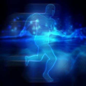 3D render of a male figure in running pose with wireframe effect