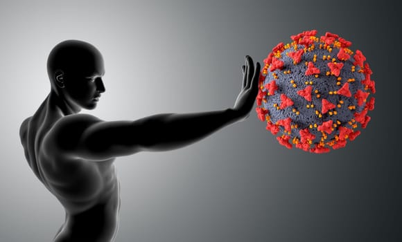 3D render of a male figure holding his hand out in front and stopping Covid 19 virus cell