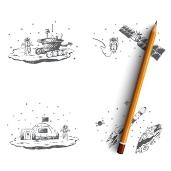 Astronaut - study of surface, orbital station, space journey, colonization vector concept set. Hand drawn sketch isolated illustration