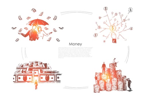 Profit, income, millionaires with umbrella under money rain, cash maze, rich people on coin stacks banner. Financial literacy, business investment concept sketch. Hand drawn vector illustration
