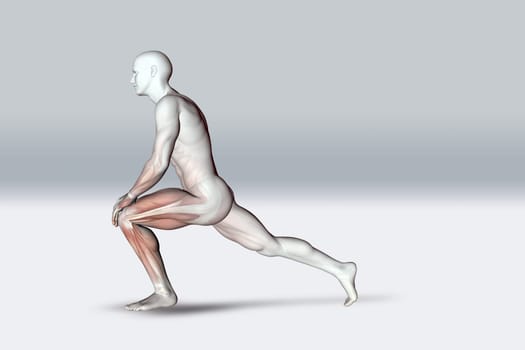 3D render of a male figure in stretching pose holding knee and showing muscles