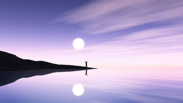 3D render of a male figure stood on island against a purple ocean landscape
