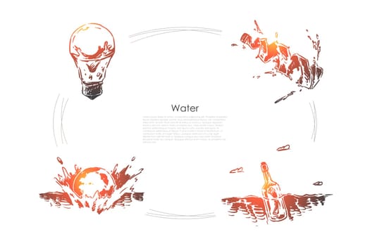 Sea inside light bulb, fresh drink, globe splashes in water, message in drifting bottle, nature purity banner template. Ocean pollution, waste abstract concept sketch. Hand drawn vector illustration