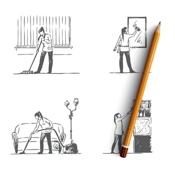 Cleaning service - washing floor, mirrors, shelves and vacuuming vector concept set. Hand drawn sketch isolated illustration