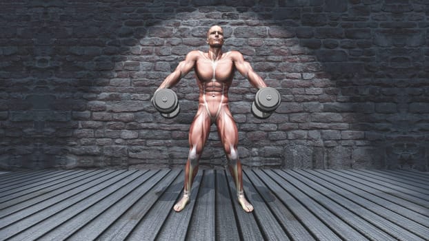 3D render of a male figure in dumbbell shoulder shrugs raised pose in grunge interior
