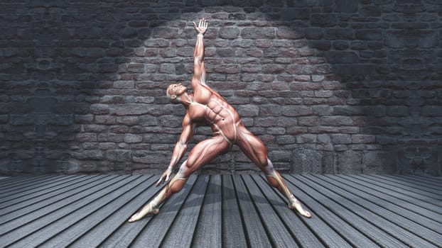 3D render of a male figure in triangle pose in grunge interior