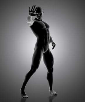 3D render of a male figure holding his hand out in front