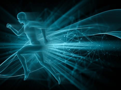 3D render of a male figure running on abstract techno background