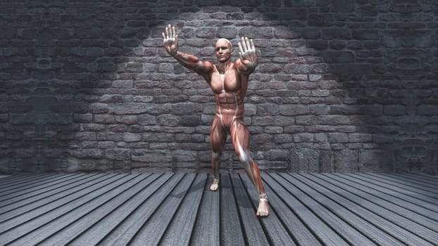 3D render of a male figure in standing stretch pose in grunge interior