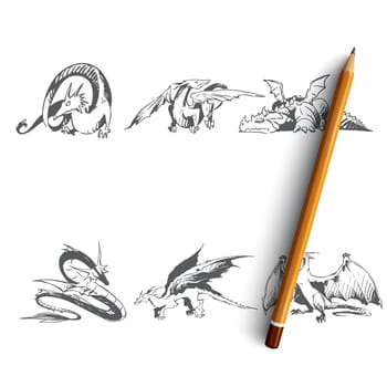 Dragons - different types of dragons vector concept set. Hand drawn sketch isolated illustration