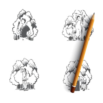 Hot weather- people eating ice cream, playing with fountain, drinking much water on summer vector concept set. Hand drawn sketch isolated illustration