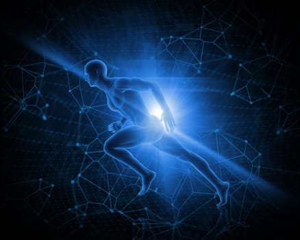 3D render of a male figure in sprinting pose on abstract low poly background