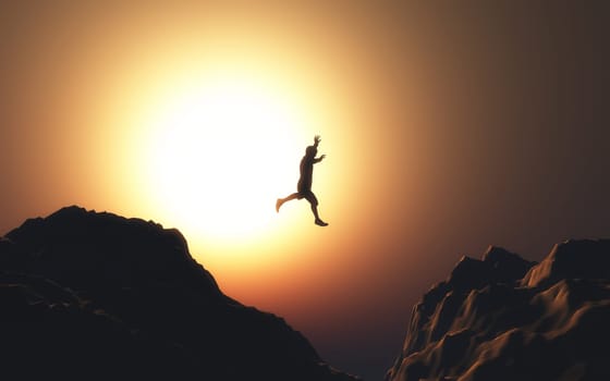 3D render of a male figure jumping from one mountain to another