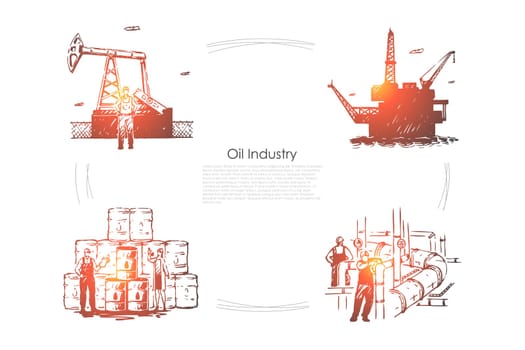 Gas production plant, workers at pipeline, industrial equipment, drilling platform, rig, fuel pump banner template. Oil industry, petroleum refinery concept sketch. Hand drawn vector illustration