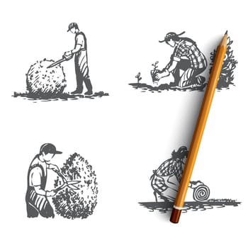 Landscaping- lawn mowing, seedlings, lawn lash, bush cutting vector concept set. Hand drawn sketch isolated illustration
