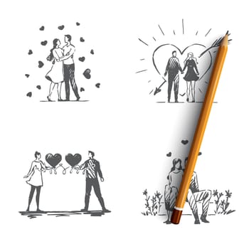 Love couple - loving romantic couple walking outdoor and hugging each other vector concept set. Hand drawn sketch isolated illustration