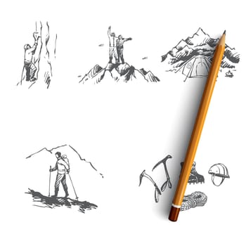 Mountaineering - sportsmen climbing mountains, camping and special equipment vector concept set. Hand drawn sketch isolated illustration