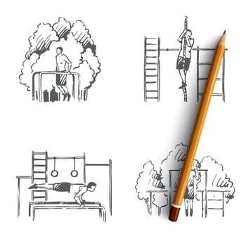 Athletic field - man doing exercises and pulling up on rope on athletic playground vector concept set. Hand drawn sketch isolated illustration