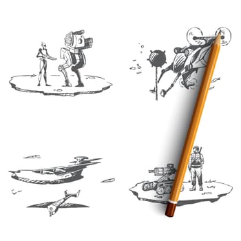 Military robots - robots in battle, underwater sapper, roket attack, air drones vector concept set. Hand drawn sketch isolated illustration