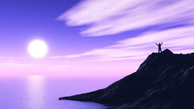 3D render of a male figure on cliff top with arms raised against purple sunset landscape