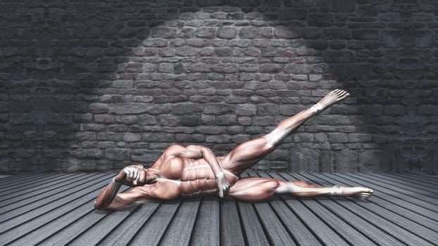 3D render of a male figure in side abduction pose in grunge interior