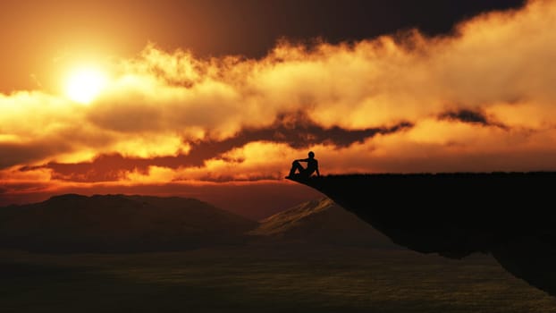 3D render of a male figure sitting on the edge of a cliff face