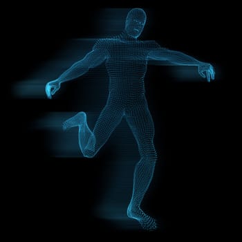 3D render of a male figure of glowing dots with motion effect