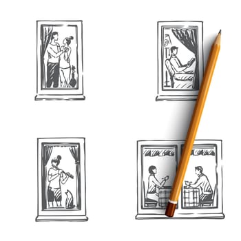 Windows of house - people dancing, reading, playing music, eating in windows of their flats vector concept set. Hand drawn sketch isolated illustration