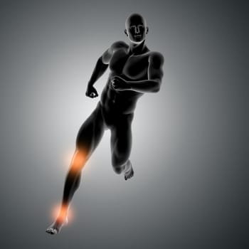 3D render of a male figure running with knee and ankle highlighted