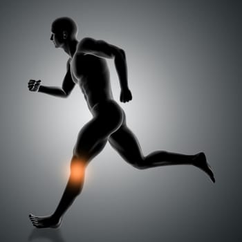 3D render of a male figure running with knee highlighted