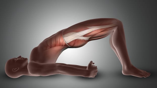 3D render of a male figure in yoga pose with glute muscles highlighted