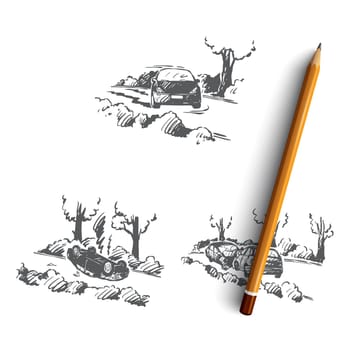 Traffic accident - broken cars at traffic accidents on road outdoors vector concept set. Hand drawn sketch isolated illustration