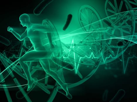 3D render of a male figure running on abstract medical background with heart rate