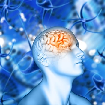 3D render of a male figure with brain highlighted on virus cell background