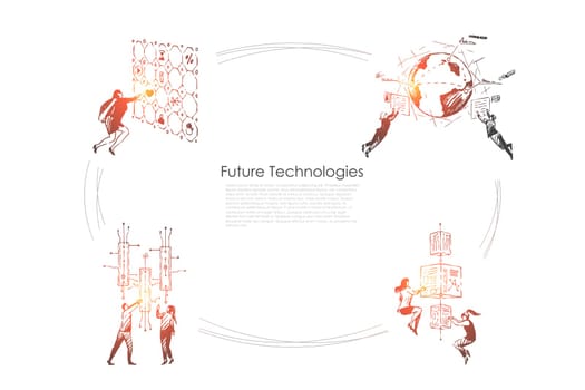 Future technologies - people pushing buttons, looking at screens and exploring technologies of future vector concept set. Hand drawn sketch isolated illustration