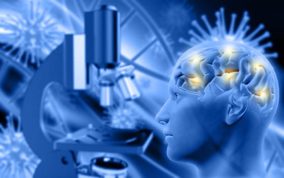 3D render of a male figure with brain on defocussed background with microscope and virus cells