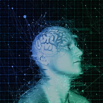 3D render of amale figure with brain highlighted with connecting lines and dots