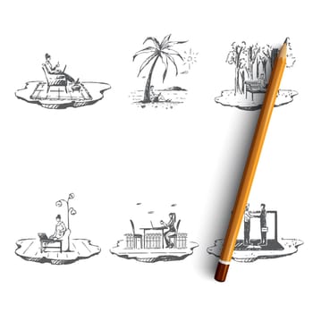Freelancer - people working with laptops on nature outdoors and in comfortable places vector concept set. Hand drawn sketch isolated illustration